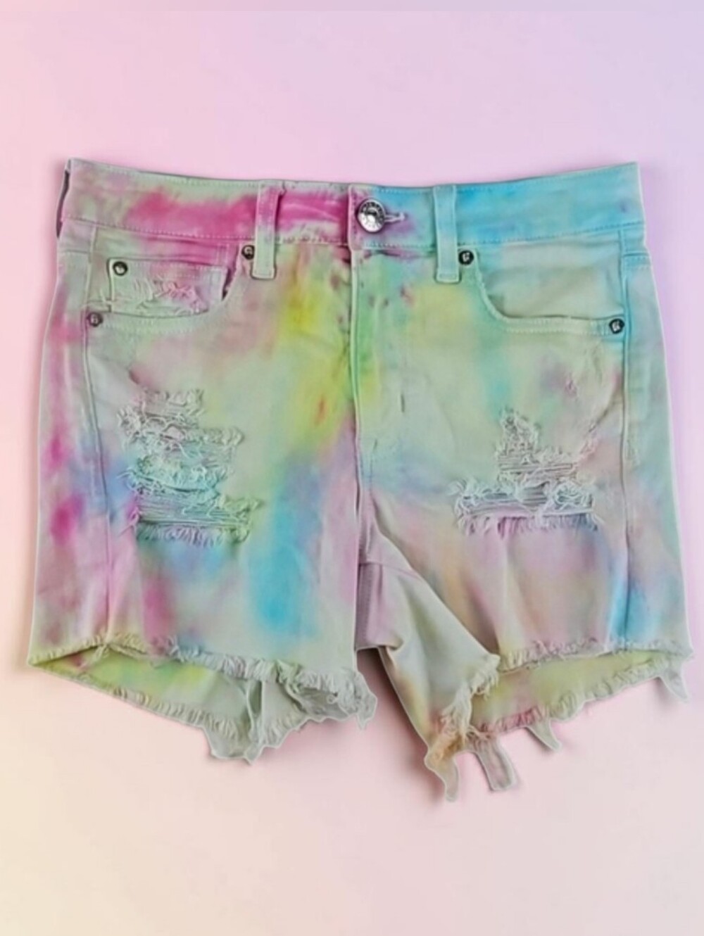 American Eagle Jean Shorts Pastel Tie Dye Denim, Distressed Pockets & Hemline